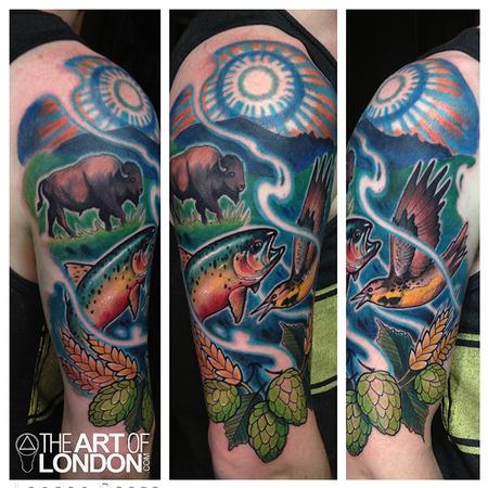 London Reese - Montana Tributte buffalo trout hops barley bird color tattoo